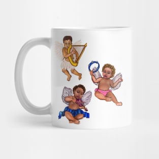 Orchestra of Curly haired Angels playing the tambourine, violin and harp - blissful Sun kissed curly haired Baby cherub angel classical art Mug